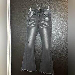Lucky & Blessed Charcoal Grey Distressed Flare Bellbottom Jeans